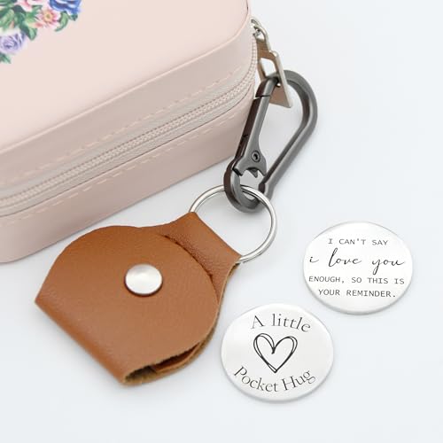 Pocket Hug Token Double Sided Engraved Inspirational Gift Leather Keychain Keepsake for MenWomen - color: I Love You