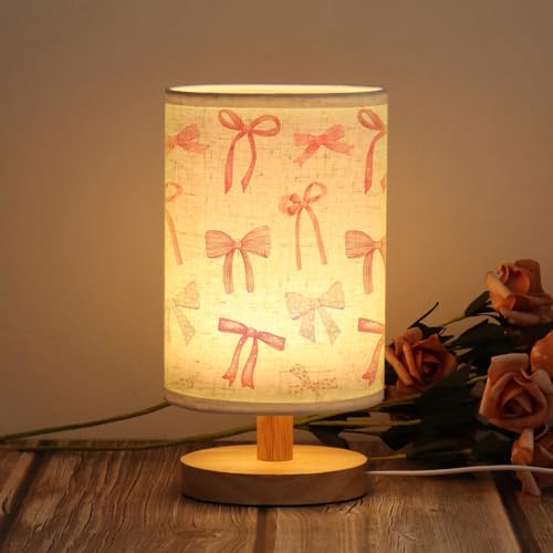 WSYEAR Daughter Gifts Bow Kids Table Lamp for Bedroom Kids Bedside Lamp with Linen Wooden Nightstand Cartoon Nursery Lampshade for Girls Living Room - color: Bow