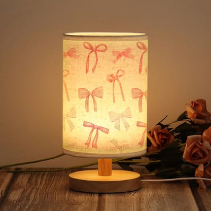 WSYEAR Daughter Gifts Bow Kids Table Lamp for Bedroom Kids Bedside Lamp with Linen Wooden Nightstand Cartoon Nursery Lampshade for Girls Living Room - color: Bow