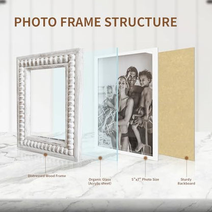 Whitewashed Wood Beaded 5x7 Picture Frame - Farmhouse Style Rustic Photo Frame, Boho Picture Frame as 5 x 7 Photo Frame for Tabletop Display 5x7 Photo - color: White, size: Single 5x7