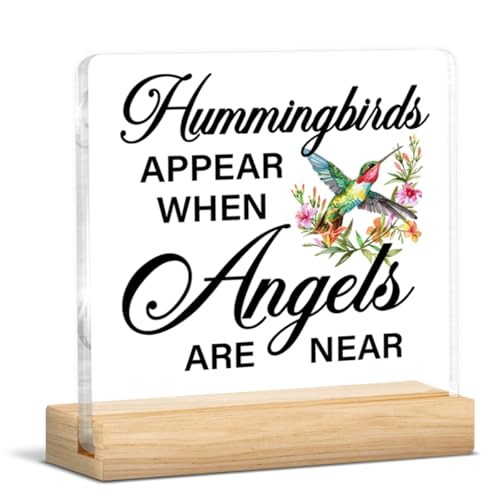 Loss of Loved One Sympathy Gifts, Bereavement Memorial Gifts for Women Men, Hummingbirds Appear When Angels Are Near Acrylic Plaque Sign with Wooden Stand Home Decor0605