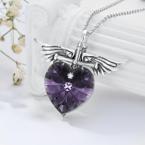 SOULMEET Memorial Wings Necklace for Ashes with Large Heart Crystal Birthstone, Angel Wings Urn Necklaces with Heart Shaped Birthstone Keepsake Silver Cremation Jewelry - style: F-June