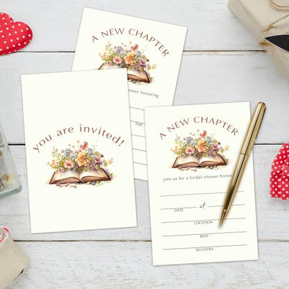 WwongxianB A New Chapter Bridal Shower Invitations Cards, Set of 25 Floral Book Fill in Style Invites Cards with Envelopes, Wedding New Couples Engagement Bachelorette Party Supplies-T04 - color: Floral Book