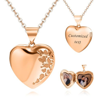 Heart Locket Necklace for Women Butterfly Necklace Holds Pictures Memorial Jewelry Birthday Mother's Day for Women - color: Rose Gold
