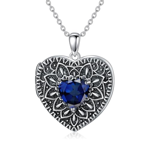 Heart Photo Locket Necklace 925 Sterling Silver Birthstone Gemstone That Holds 2 Pictures Locket Necklace Jewelry Gifts for Mother Women Mom Mother's Day Christmas Birthday - style: 09-Sep-Sapphire