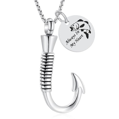 Oinsi Fishing Hook Urn Necklace for Ashes Fish Cremation Jewelry Memorial Ashes Keepsake Stainless Steel Urn Keychain for Men - color: Silver (Always In My Heart)