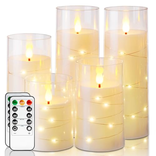 Homemory Flameless Candles with Embedded Star String Fairy Lights, Battery Operated Candles, LED Candle, Fake Candles with Remote Control and Timer, Ivory, Set of 5(H4 5" 6" 8" 8") - color: Ivory, size: D3"x H4"5"6"8"8"