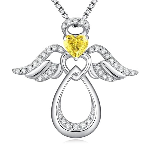 925 Sterling Silver Guardian Angel Pendant Necklace for Women with Birthstone Cubic Zirconia Little Angel Pendant Necklace Jewelry 18 inch Chain - color: 11-Nov-Citrine