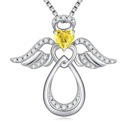 925 Sterling Silver Guardian Angel Pendant Necklace for Women with Birthstone Cubic Zirconia Little Angel Pendant Necklace Jewelry 18 inch Chain - color: 11-Nov-Citrine