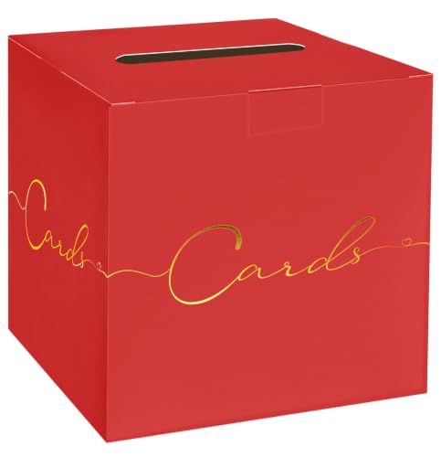 HEIPINIUYE Red Wedding Card Box with Gold Foil 9.8" x 9.8" Red Large Gift Card Box for Party Wedding Reception Graduation Birthday Baby Shower Cardboard Raffle Envelope Box with Slot - color: Red Card Box with Gold Foil