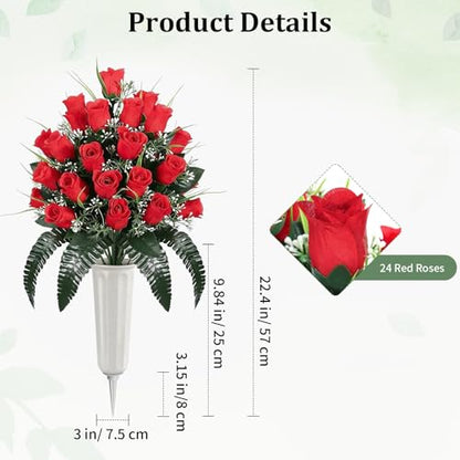 Lewondr Artificial Cemetery Flowers with Vase for Grave, Red Roses, 2 Pack - color: Red