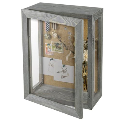 MyGift 11x15 Deep Shadow Box Frame, Display Case Wall Mount for Picture, Heirloom, Home Office Décor, Wedding & Military Memorabilia Display, Solid Wood, Clear Acrylic, Magnetic Lock, Grey | Magnetic Closure, Clear Front Panel, Keepsakes Memorbilia Displa
