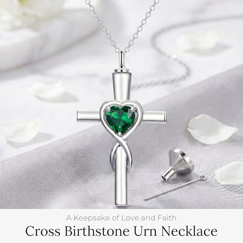 YYB Urn Necklace for Ashes Women Heart Birthstone Cross Cremation Jewelry | Memorial Keepsake Funeral Jewelry for Loved Ones (with Funnel Filler) - color: 05-May-Emerald
