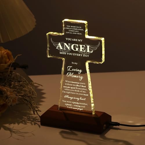 Bluebook Sympathy Gifts for Loss of Loved One - Angel Religious Crystal Cross 4.7x7.9 Inch,Memorial Gifts for Loss of Mom Dad,Condolences Bereavement Remembrance Gift in Memory of Pet Dog Cat - style: LED Glass Cross-Angel Lights