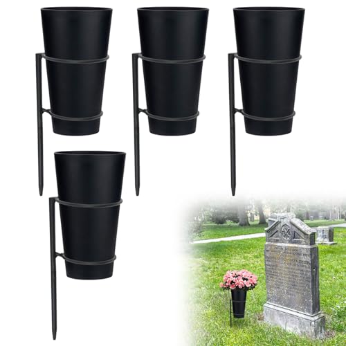Metal Grave Vase Flower Holder with Spikes Metal Cemetery Vase Flower Holder in ground Decoration with Floral Foam Black for Memorial Markers, Graveside Decor Sign for Outdoor Yard Lawn - style: 4pcs-DIY + Standard