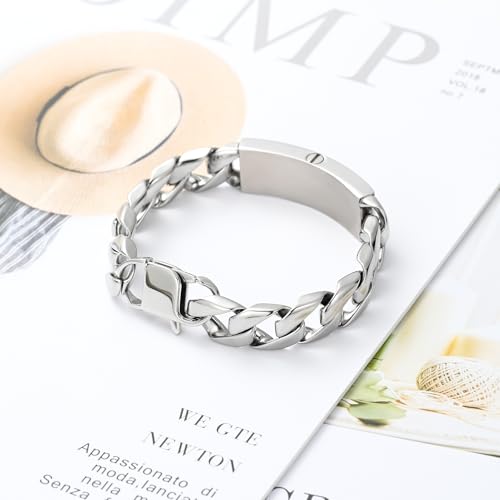 zeqingjw Men Urn Bracelet for Human Ashes Stainless Steel Cremation Jewelry Cuban Link Bangle for Ashes Keepsake Memorial Ash Holder Urn Keepsake Bracelet - color: Silver-22CM