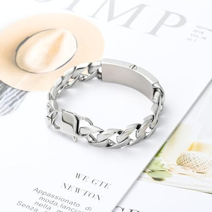 zeqingjw Men Urn Bracelet for Human Ashes Stainless Steel Cremation Jewelry Cuban Link Bangle for Ashes Keepsake Memorial Ash Holder Urn Keepsake Bracelet - color: Silver-22CM