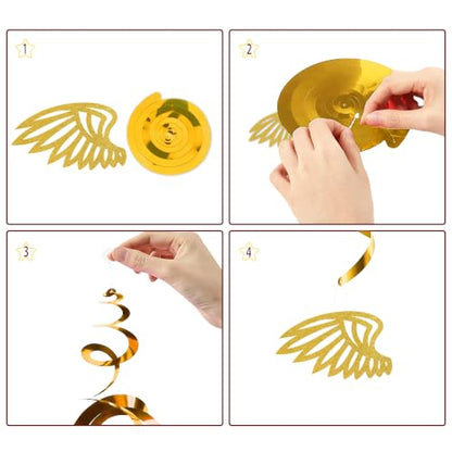 Happy Birthday in Heaven Decorations, Gold Glitter Heavensent Banner Set | Pre-strung Banners, Angel Wings Hanging Swirls Cake Topper White Balloons, Funeral Remembrance Heavenly Party Supplies - color: Gold