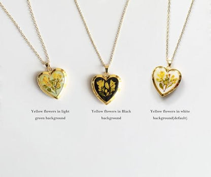 Handmade Dried Pressed Flower Heart Shaped Photo Locket Pendant Necklace - color: Silver, style: Yellow Flower on White