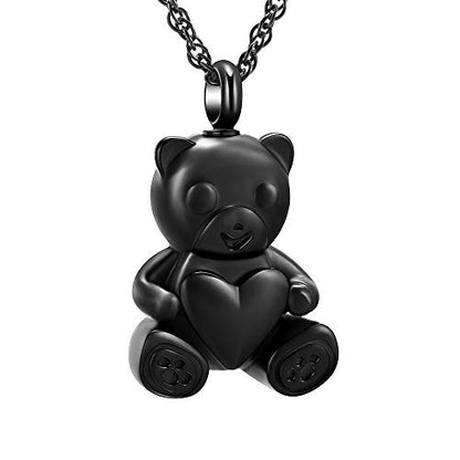 shajwo Teddy Bear Cremation Urn Necklace for Women Men | Stainless Steel Heart Memorial Urn Keepsake Locket Pendant Ash Holder - color: Teddy Bear- Black