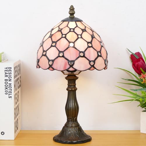 Small Tiffany Table Lamp Pink Pearl Style W8H14.5 Inch | Mini Stained Glass Shade Lamp Resin Base Bedside Accent Lamp Memory Sympathy Desk Light - color: Pink
