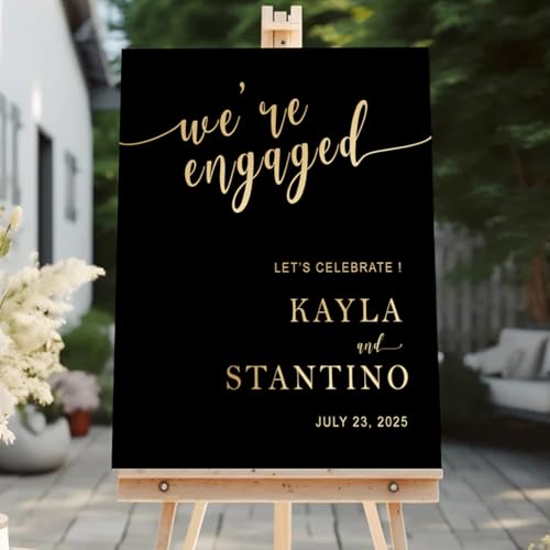 Personalized We're Engaged Welcome Sign | Gold Script on Black Background | Custom Couple Names & Date Engagement Sign | Elegant Engagement Party Decor | Waterproof PVC - color: Design 11