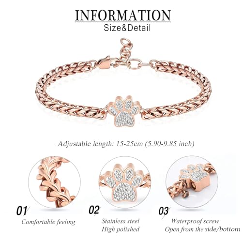 zeqingjw Urn Bracelet for Pets Ashes Pet Cremation Jewelry Stainless Steel Paw Print Pet Memorial Bracelet Pet/Dog's/Cat's Ashes Keepsake for Women Men - color: Rose Gold