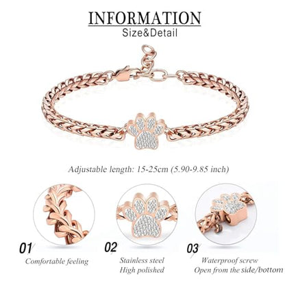 zeqingjw Urn Bracelet for Pets Ashes Pet Cremation Jewelry Stainless Steel Paw Print Pet Memorial Bracelet Pet/Dog's/Cat's Ashes Keepsake for Women Men - color: Rose Gold