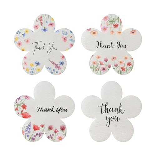 48 Plantable Flower Thank You Tags, 4 Floral Designs | Includes 4 floral designs, 12 of each; writable tags for birthdays, weddings, bridal showers, gifts, favors, and wrapping - style: 48 Flower Tags