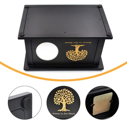 Cremation Urn Adult Human Ashes, Wood Tree of Life Box with Photo Frame | Holds up to 250 lbs, Wooden Urns Box and Casket for Men Women, Black, Dimensions: 10.83"L x 6.89"W x 6.3"H