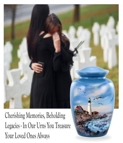 Lighthouse Urn - Full Size Portland Head Lighthouse Cremation Urn – Adult Urns for Men and Women – Ocean Blue Funeral and Memorial Urns for Human Ashes Upto 210 Lbs with Velvet Bag (Large)