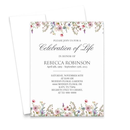 Personalized Funeral Invitation Cards With Envelopes, FLAT Custom Celebration of Life Invitation With Border, Neutral Wildflower Invitations For Funerals, Your Choice of Quantity and Envelope Color - color: Wildflowers