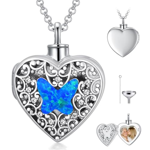 Dorunmo Personalized Heart Urn Locket Necklace for Ashes and Pictures 925 Sterling Silver Customized Locket Memorial Keepsake Cremation Jewelry for Ashes for Women Men Keep Someone Near to You - color: Blue Opal Butterfly, style: Personalized Photo + Text