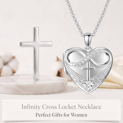 Heart Locket Necklace 925 Sterling Silver Personalized Picture Locket Pendant Birthday Christmas Jewelry Memorial Gifts for Women - color: Angel Wings