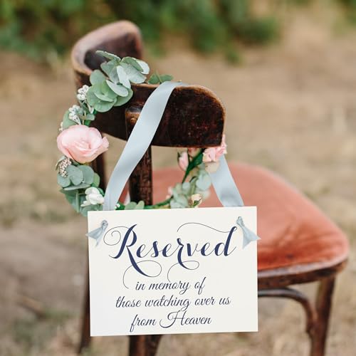 Reserved For Those Watching Over Us From Heaven Memorial Wedding Chair Sign (Navy Ink, Dusty Blue Ribbon) - color: Blue