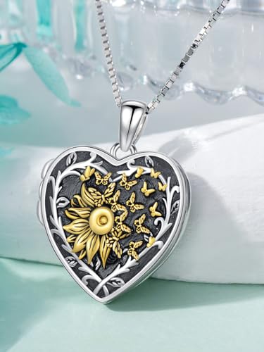 Dorunmo Locket Necklace 925 Sterling Silver Pictures Photo Keep Someone Near to You Custom Lockets Mother's Day Jewelry Personalized Photo Locket Gifts - color: L-Sunflower Butterfly, style: Locket Only