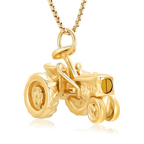 Oinsi Men Keepsake Jewelry Stainless Steel Farm Tractor Cremation Necklace For Ashes For Dad Memorial Urn Necklace Pendant - color: Gold