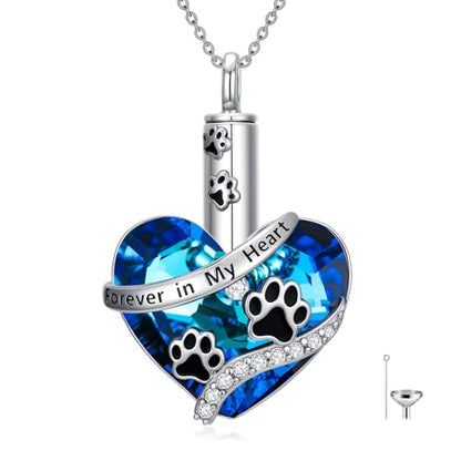 Urn Necklace for Women Sterling Silver Meaningful Memorial Jewelry | Paw Print/Butterfly/Dragonfly/Bird/Dolphin/Mountain/Tree of Life Urn Necklace for Ashes Cremation Keepsake Jewelry for Women - style: Heart-Paw print
