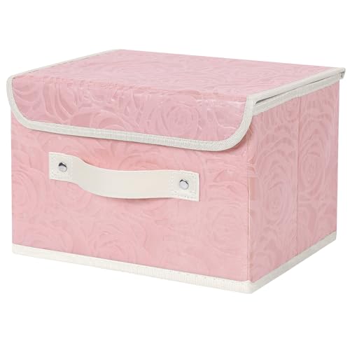 ANMINY Fabric Storage Box Bins with Lids, Rose Print, Pink, Small | Keepsake Memory Storage, Nonwoven Fabric, PP Board Frame, Washable, PU Handles, Foldable Stackable, Decorative, 10"x8"x7" - size: Small (Pack of 1)