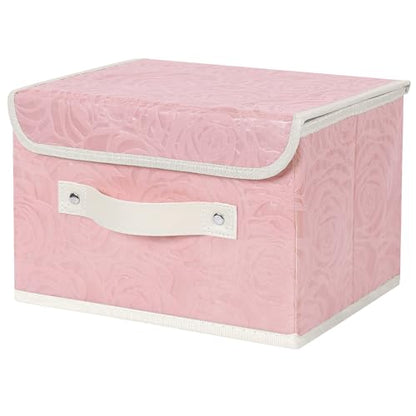 ANMINY Fabric Storage Box Bins with Lids, Rose Print, Pink, Small | Keepsake Memory Storage, Nonwoven Fabric, PP Board Frame, Washable, PU Handles, Foldable Stackable, Decorative, 10"x8"x7" - size: Small (Pack of 1)