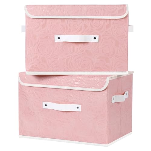 ANMINY Fabric Storage Box Bins with Lids, Rose Print, Pink, 4PCS Large | Keepsake Memory Storage, Nonwoven Fabric, PP Board Frame, Washable, PU Handles, Foldable Stackable, Decorative, 15"x10"x10" - size: Large (Pack of 4)