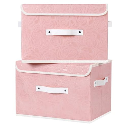 ANMINY Fabric Storage Box Bins with Lids, Rose Print, Pink, 4PCS Large | Keepsake Memory Storage, Nonwoven Fabric, PP Board Frame, Washable, PU Handles, Foldable Stackable, Decorative, 15"x10"x10" - size: Large (Pack of 4)