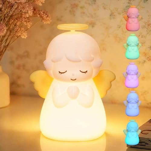 Angel Night Light, Cute Guardian Angel Silicone Lamp with 3 Level Warm Light and RGB Changing, Timer, Nighttime Care Portable Kawaii Bedside Baptism Gifts for Prayer, Toddler, Boys and Girls. - style: Angel