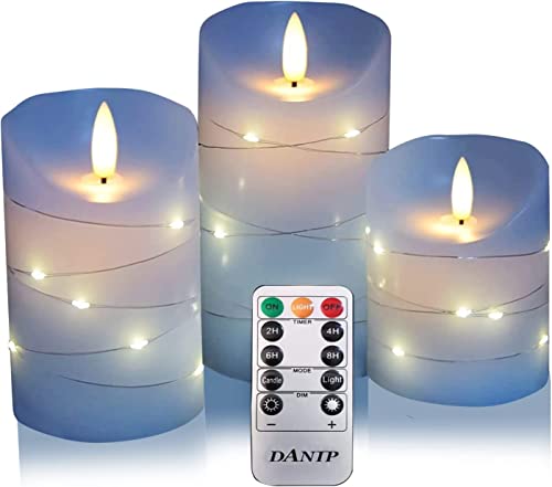 danip Sky Blue LED Flameless Candle, with Embedded Star String, 3-Piece Set of LED Candles, with 11 Button Remote Control, 24-Hour Timer Function, Dancing Flames, Real Wax, Battery Powered. - color: Sky BlueZ#1*3