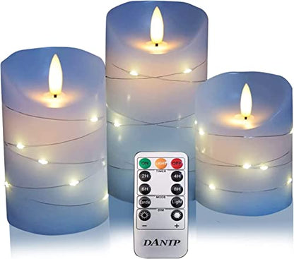 danip Sky Blue LED Flameless Candle, with Embedded Star String, 3-Piece Set of LED Candles, with 11 Button Remote Control, 24-Hour Timer Function, Dancing Flames, Real Wax, Battery Powered. - color: Sky BlueZ#1*3