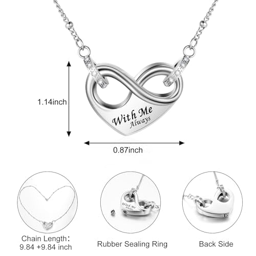 Dletay Infinity Cremation Urn Necklace for Ashes Heart Ash Necklace for Women Memorial Cremation Jewelry Ash Holder - color: Silver with box