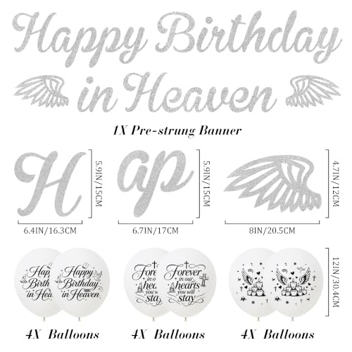 Happy Birthday in Heaven Decorations, Silver Glitter Heavensent Banner Set | Pre-strung Banners, Angel Wings Hanging Swirls Cake Topper White Balloons, Funeral Remembrance Heavenly Party Supplies - color: Silver