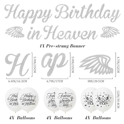 Happy Birthday in Heaven Decorations, Silver Glitter Heavensent Banner Set | Pre-strung Banners, Angel Wings Hanging Swirls Cake Topper White Balloons, Funeral Remembrance Heavenly Party Supplies - color: Silver