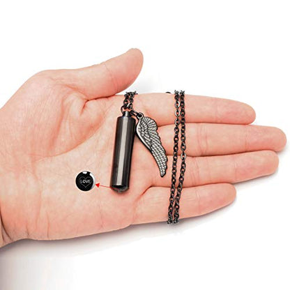 Dletay Cylinder Cremation Urn Necklace for Ashes Memorial Keepsake Pendant with Angel Wing Stainless Steel Remembrance Jewelry - color: Black-L, style: non-engraving