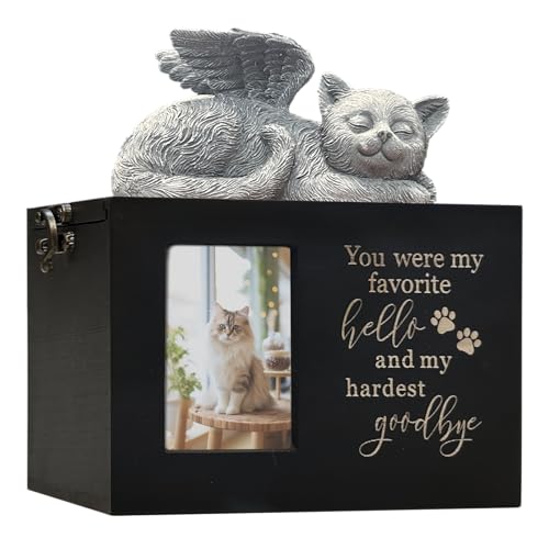 Pet Urn for Cat Ashes with Picture for Pet Funeral Cremation Box Wooden Keepsake with Photo Frame and Black Flannel Lining for Loss of Pet Remembrance Gift (Black Cat Urn-Hello-Medium) - color: Cat Urn-black-hello, size: Medium